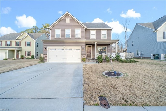 traditional home with a garage, concrete driveway, stone siding, a porch, and central AC