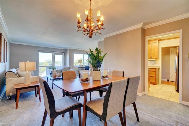 carpeted dining space featuring ornamental molding and a chandelier