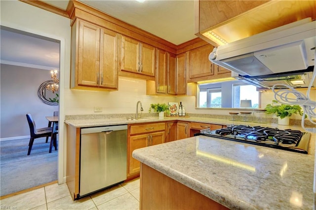 kitchen featuring exhaust hood, dishwasher, black gas stovetop, crown molding, and light tile patterned floors