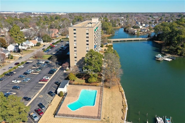 birds eye view of property featuring a water view