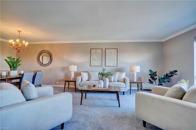 carpeted living room featuring an inviting chandelier and ornamental molding