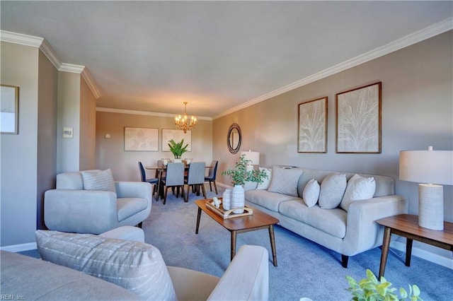 carpeted living room with a notable chandelier and crown molding