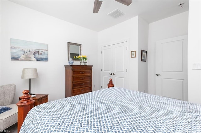 bedroom featuring visible vents, a closet, and a ceiling fan