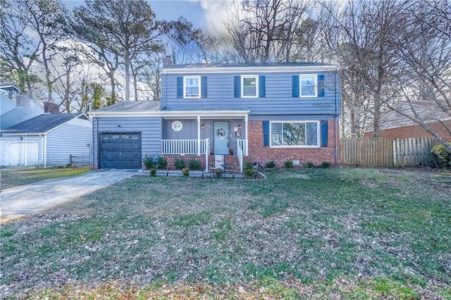 front of property with covered porch, a front yard, and a garage