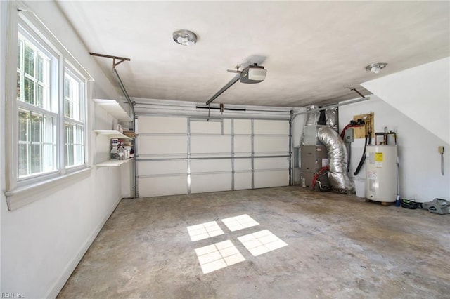 garage featuring heating unit, electric water heater, and a garage door opener