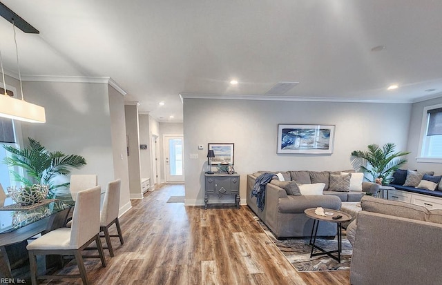 living room with crown molding, a wealth of natural light, and wood-type flooring