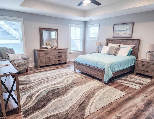 bedroom with a tray ceiling, hardwood / wood-style flooring, and ceiling fan