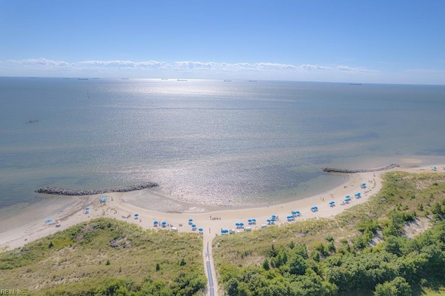 aerial view featuring a water view and a beach view