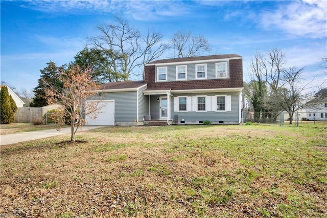 view of front of home featuring a garage, a front yard, concrete driveway, and fence