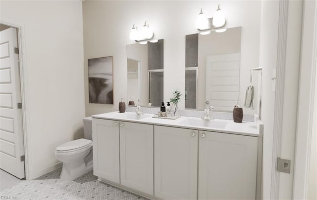 bathroom with tile patterned floors, toilet, a shower with door, and vanity