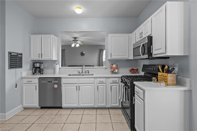 kitchen featuring sink, white cabinets, stainless steel appliances, and ceiling fan