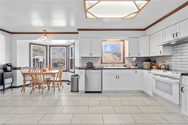 kitchen with sink, dishwasher, white electric range oven, and white cabinets