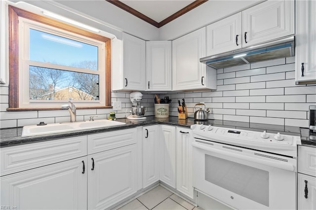 kitchen featuring white cabinets, electric range, backsplash, ornamental molding, and sink