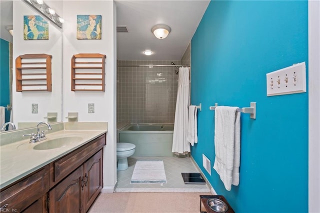 full bathroom with toilet, shower / bathtub combination with curtain, tile patterned flooring, and vanity