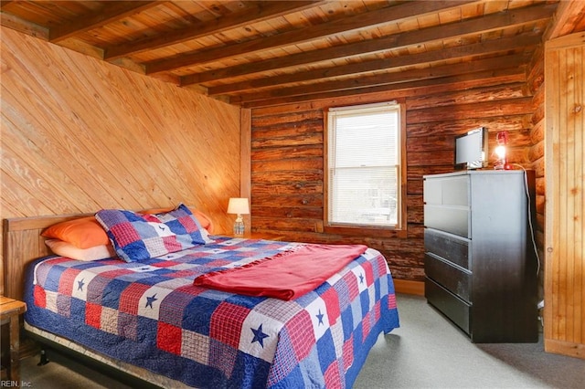 bedroom featuring carpet, log walls, wood ceiling, and beam ceiling