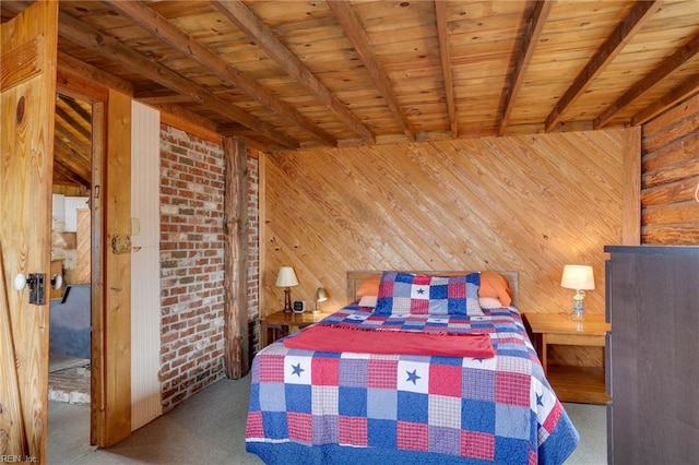 unfurnished bedroom with carpet floors, beamed ceiling, wooden walls, and wood ceiling