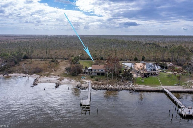 drone / aerial view with a water view