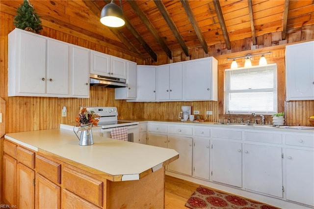 kitchen featuring white electric stove, white cabinets, wooden walls, and wood ceiling