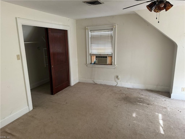 bonus room featuring vaulted ceiling, cooling unit, light colored carpet, and ceiling fan