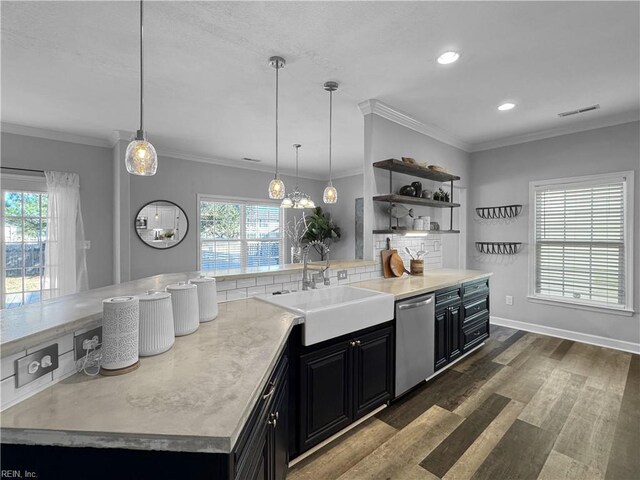 kitchen with sink, backsplash, pendant lighting, dishwasher, and dark hardwood / wood-style floors