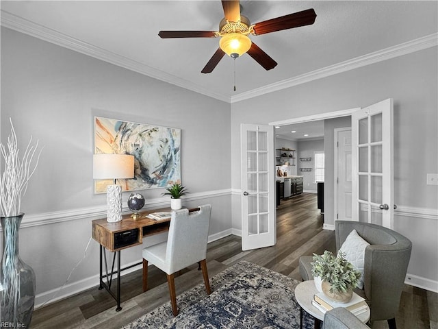 home office with ceiling fan, dark wood-type flooring, crown molding, and french doors