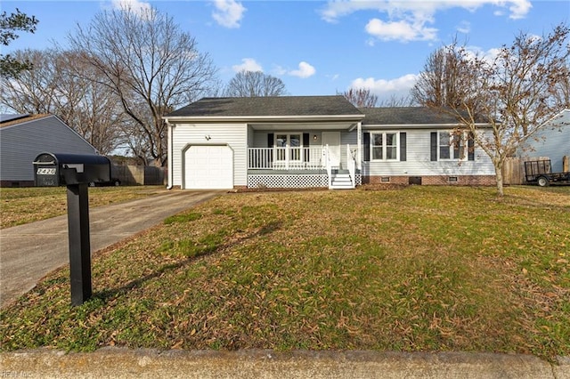 ranch-style home featuring a garage, covered porch, concrete driveway, and a front yard