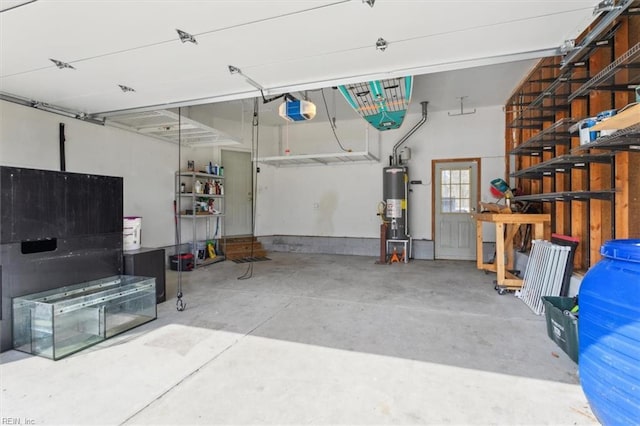 garage with gas water heater and a garage door opener