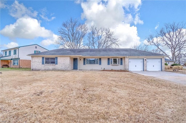 ranch-style house with a garage, driveway, a front lawn, and brick siding