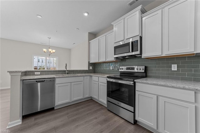 kitchen featuring appliances with stainless steel finishes, tasteful backsplash, sink, white cabinetry, and kitchen peninsula