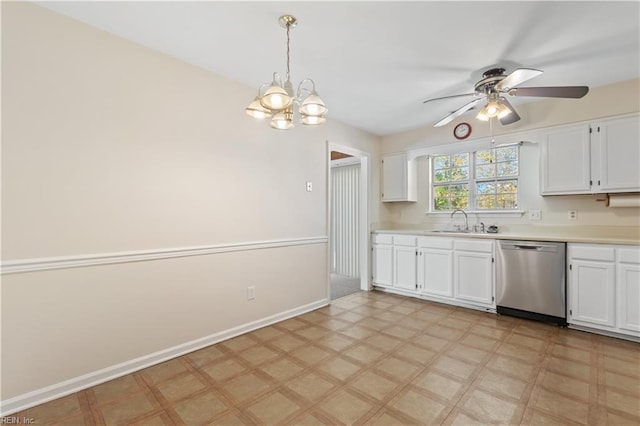 kitchen featuring hanging light fixtures, white cabinetry, and dishwasher