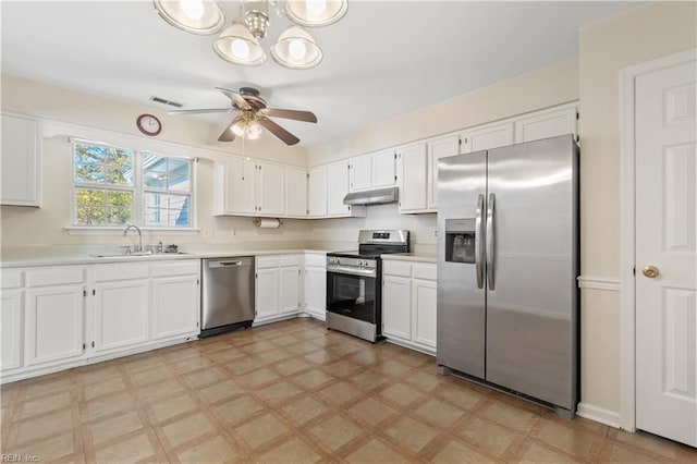 kitchen featuring ceiling fan, sink, stainless steel appliances, and white cabinetry