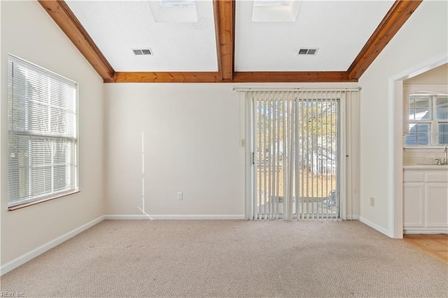 spare room featuring plenty of natural light, sink, and light colored carpet