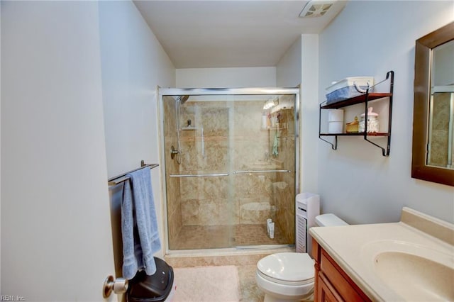 full bathroom featuring toilet, vanity, a shower stall, and visible vents