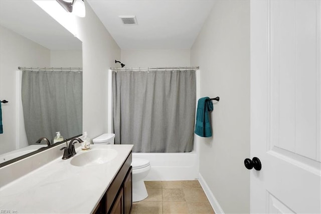 bathroom with visible vents, toilet, shower / tub combo, vanity, and tile patterned flooring