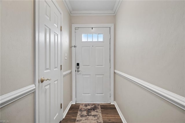 entryway featuring crown molding and dark hardwood / wood-style flooring