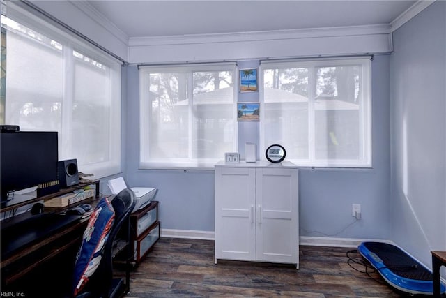 home office featuring crown molding, baseboards, and dark wood-style flooring