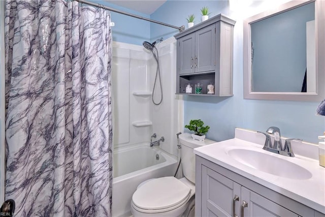 bathroom with toilet, shower / tub combo with curtain, and vanity