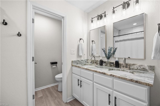 bathroom featuring toilet, double vanity, a sink, and wood finished floors