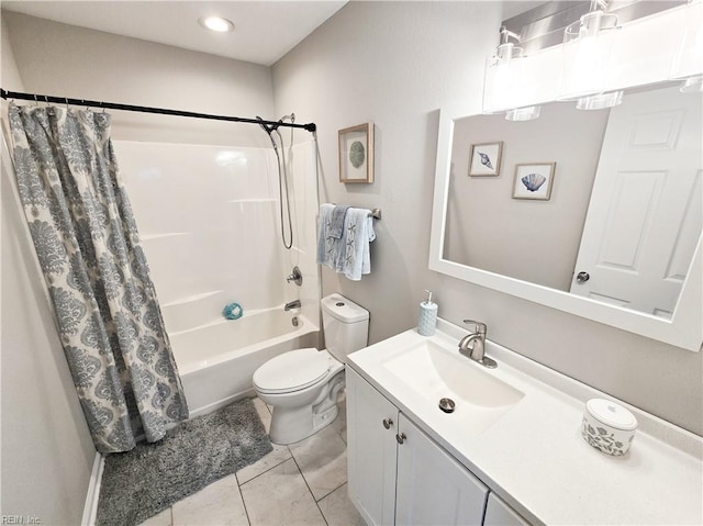 bathroom with toilet, shower / bath combo with shower curtain, and vanity