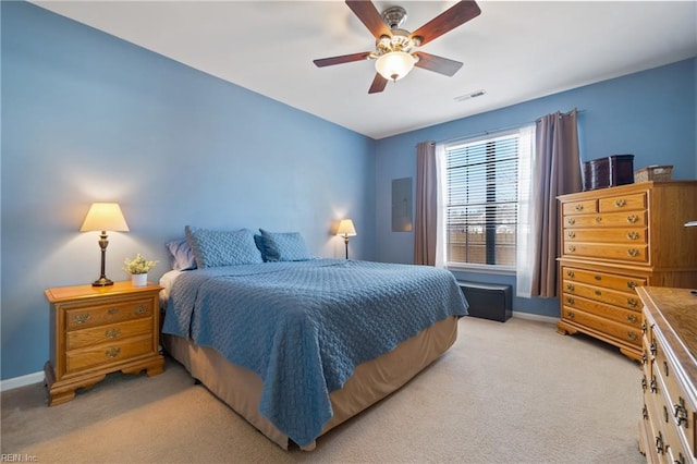 bedroom featuring electric panel, baseboards, visible vents, a ceiling fan, and light colored carpet