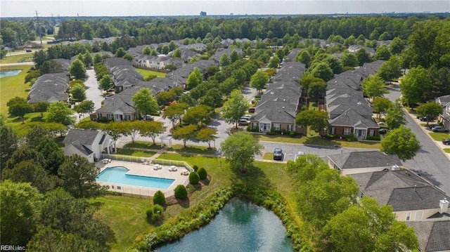 birds eye view of property featuring a water view and a residential view