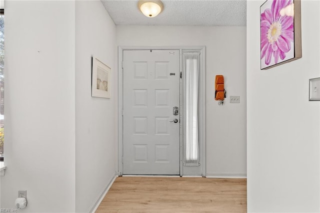 entryway featuring light wood finished floors, plenty of natural light, baseboards, and a textured ceiling