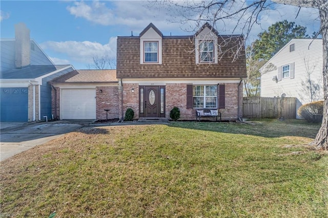 view of front of property with a garage, brick siding, fence, and roof with shingles