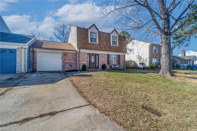 view of front of house featuring brick siding, a shingled roof, concrete driveway, a garage, and a front lawn