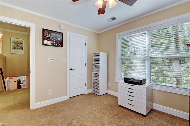 interior space with ornamental molding, visible vents, light carpet, and baseboards