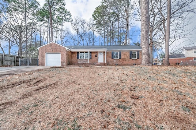 ranch-style home featuring brick siding, concrete driveway, crawl space, fence, and a garage