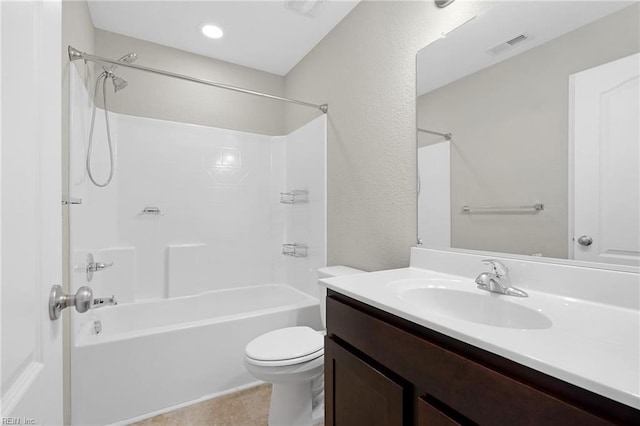 bathroom featuring shower / tub combination, toilet, recessed lighting, visible vents, and vanity