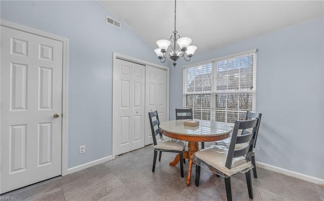 dining space with lofted ceiling, baseboards, visible vents, and an inviting chandelier