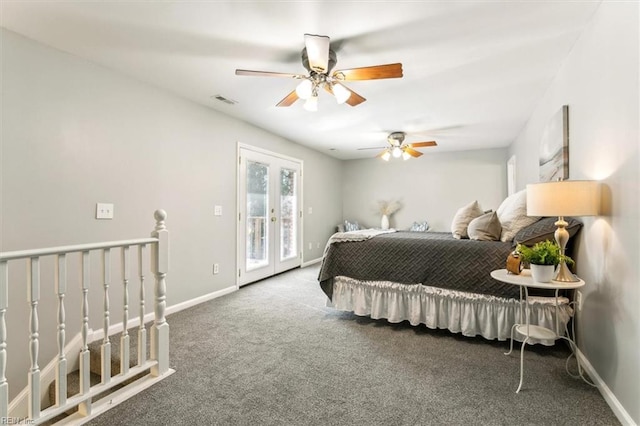 bedroom featuring visible vents, baseboards, access to outside, french doors, and carpet floors