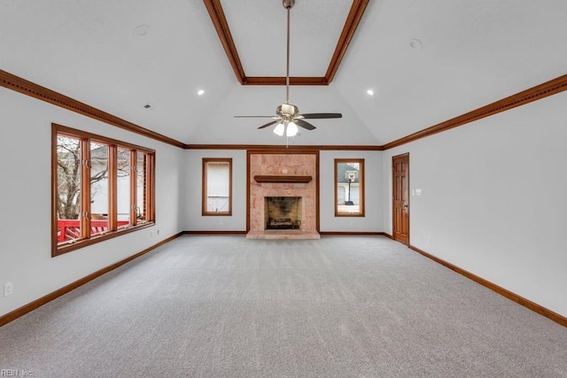 unfurnished living room featuring crown molding, light colored carpet, a large fireplace, high vaulted ceiling, and baseboards